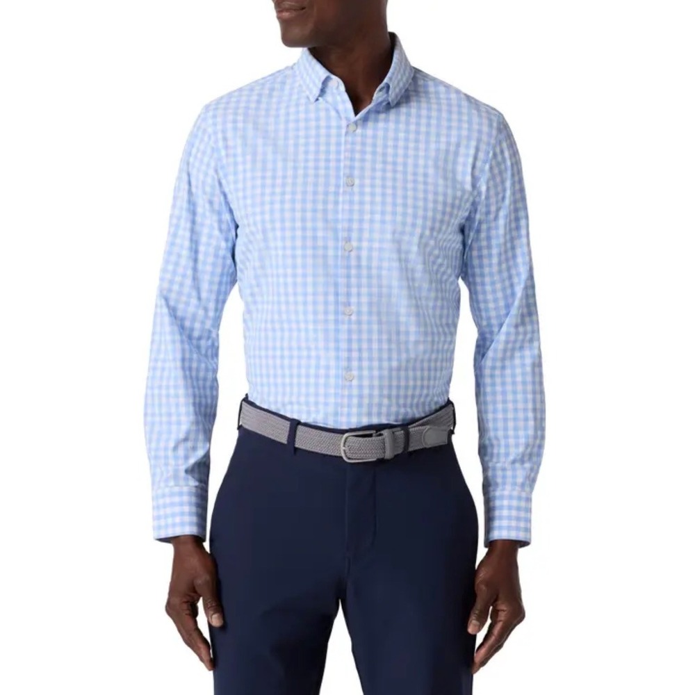 Nordstrom Mens Shop Smartcare Gingham Dress Shirt Light Blue Trim Fit 16.5 36-37